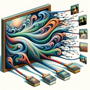 Illustration of a neural network with artistic brush strokes flowing through it. At the input, there are small representations of historical paintings, while at the output, a new, unique painting emerges, demonstrating the blend of old and new artistry.