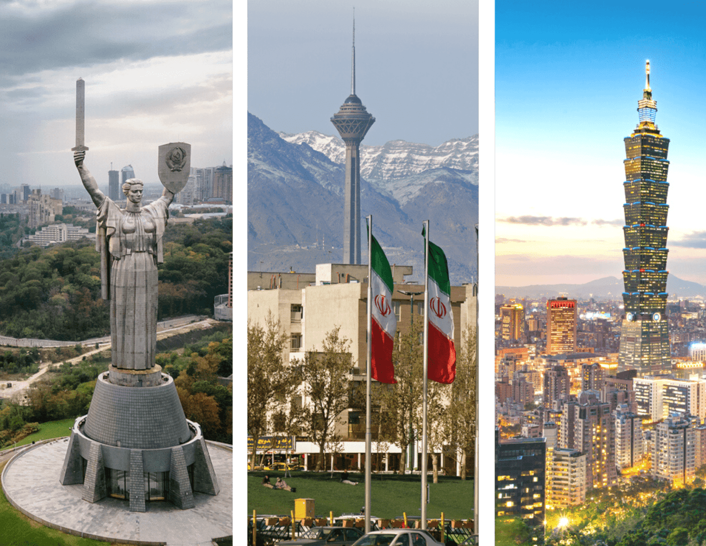 Photo: Skylines of Kiev, Ukraine; Tehran, Iran; and Taipei, Taiwan.