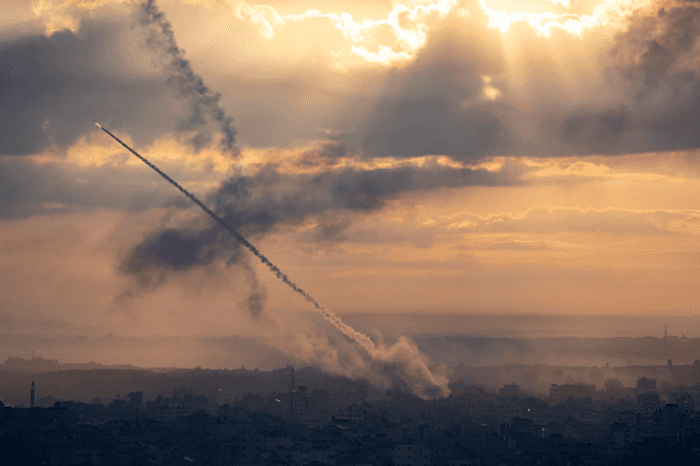 Rockets fired toward Israel from Hamas militants in Gaza, Saturday, Oct. 7, 2023. FATIMA SHBAIR / AP