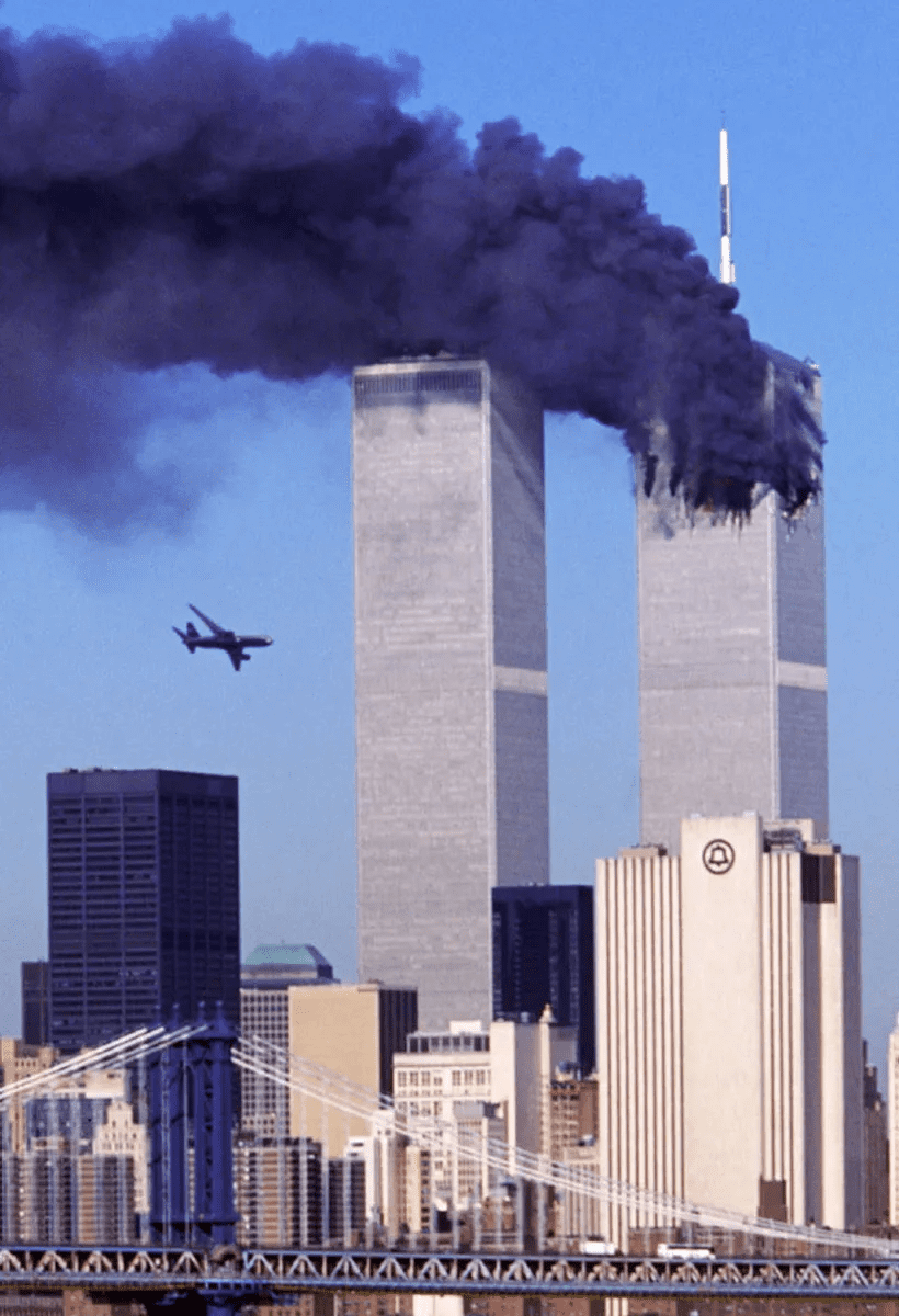 Photograph by the AP's Robert Clark of the second plan flying into the World Trade Center on 9/11.